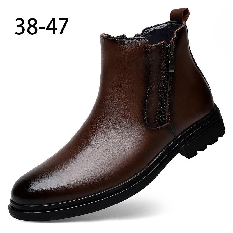 Men's Plus Size Retro Leather Round Toe Boots with Side Zipper - Breathable Cotton Low Heel Martin Boots.