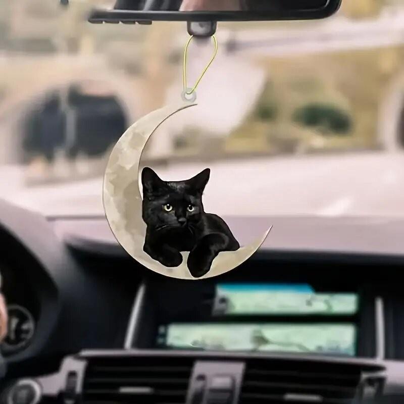 Delightful Moon Acrylic Black Cat Car Charm Unique Keyring Decoration For Bags And Cars