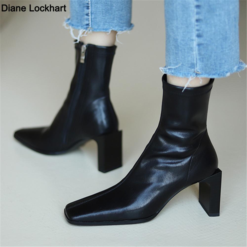 Fashion 2025 New Spring Autumn Cow Leather Retro Square Toe Zipper High heels Ankle Boots Square Heel All Match Women Shoes Green 33-40