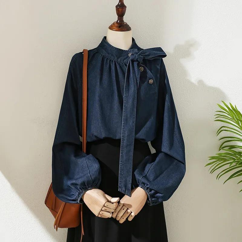 

Designed Bow Tie Denim Shirt Spring and Autumn New Chic Niche Lantern Sleeve Top L