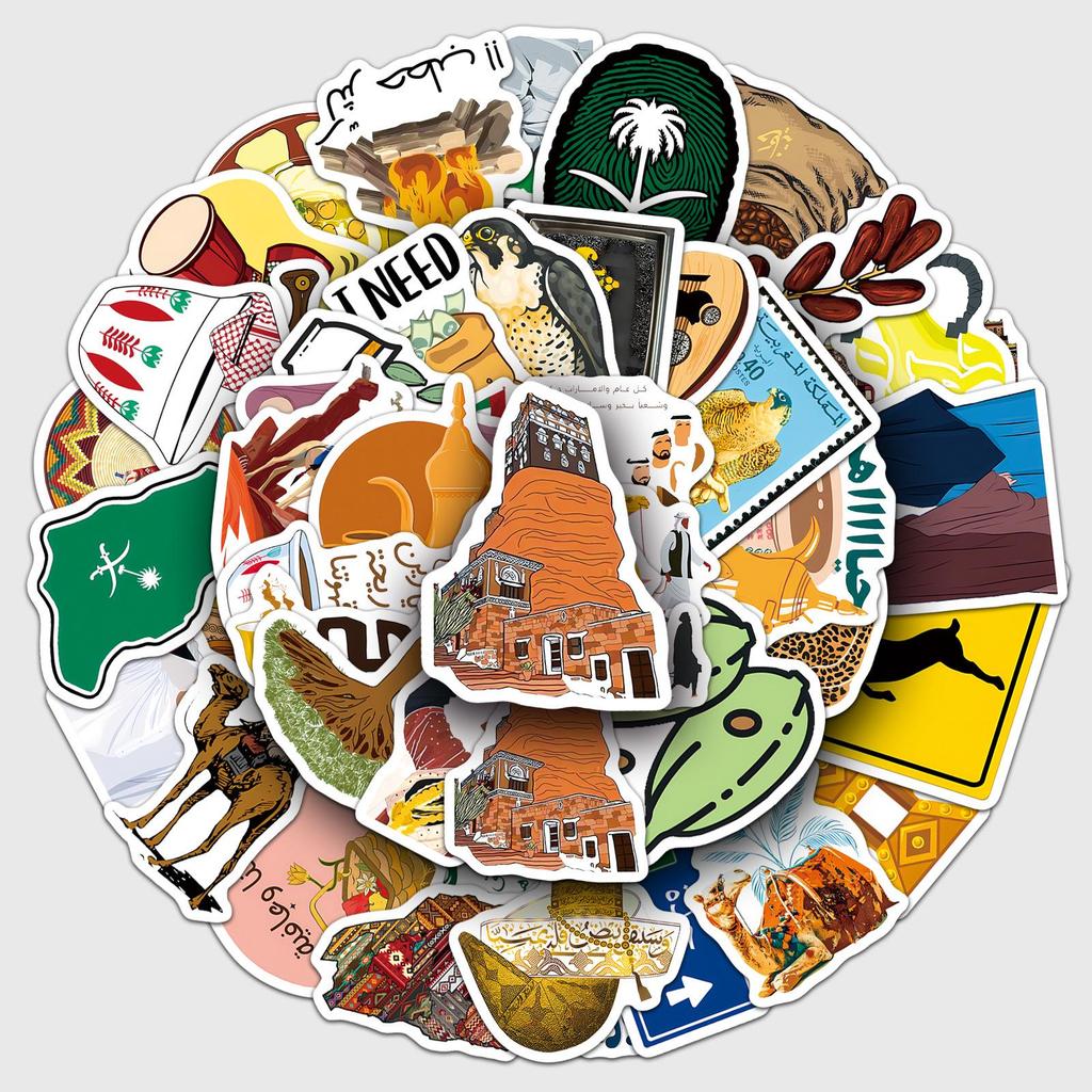50 Arabic Style Waterproof Stickers for Outdoor, Travel, Car, Notebook, and Stationery Decor