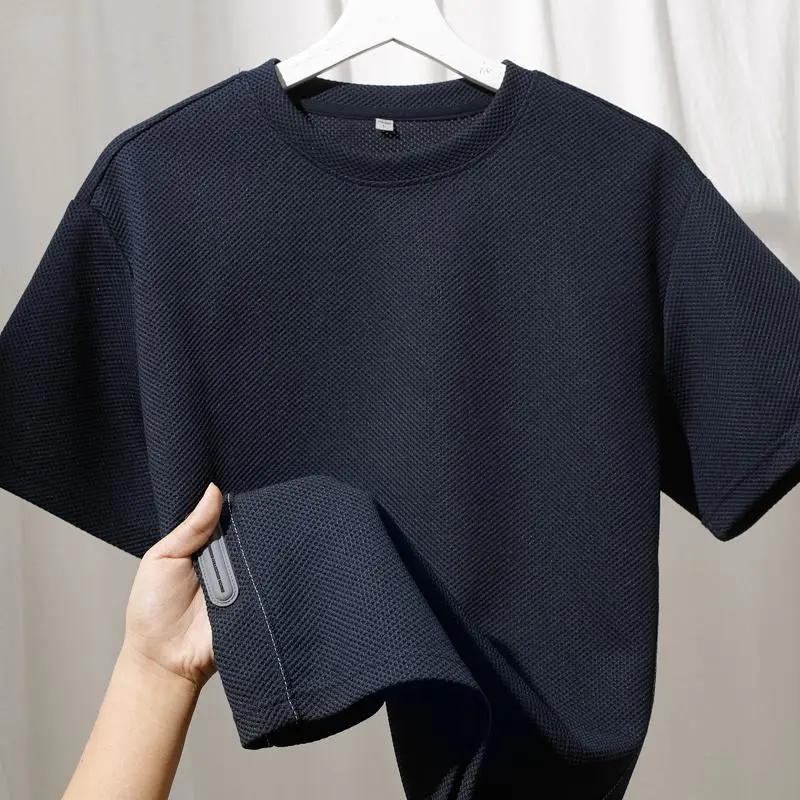 Round Neck Waffle Short-sleeved T-shirt for Men Loose Casual American Retro Solid Color Versatile Top Pullover