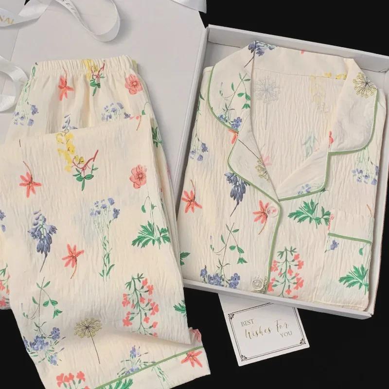 

Женский пижамный комплект зеленого цвета с цветочным принтом во французском пасторальном стиле - длинный рукав, хлопок, на весну и осень L (Recommended 50-57.5 kg)