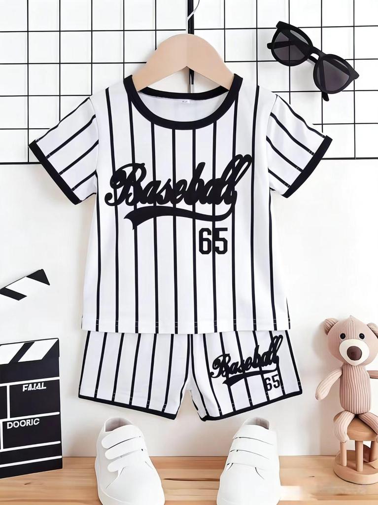 Ensemble 2 pièces pour tout-petits garçons, style baseball cool avec impression 65, Vêtements décontractés rayés d'été pour enfants, Parfait pour les jeux et l'extérieur