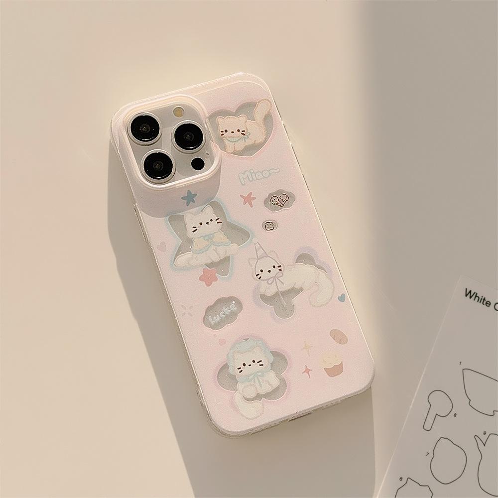 Cute Cartoon Cat Phone Case for iPhone 17 16 15 14 13 Pro Max, Kawaii Kitten Shockproof Cover, Aesthetic Pink Protective Case for Girls