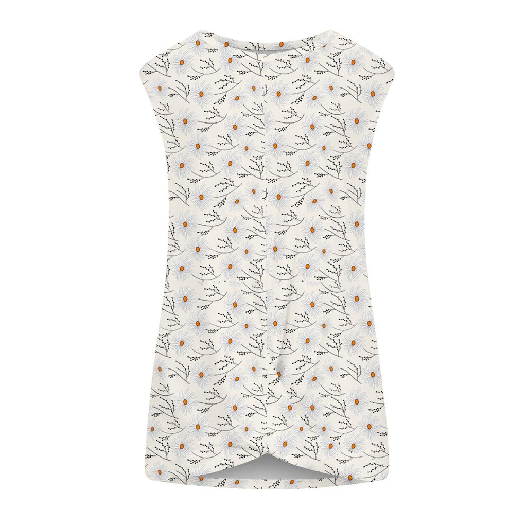 T-shirt estiva con stampa floreale per donna Top casual girocollo senza maniche gilet attorcigliato