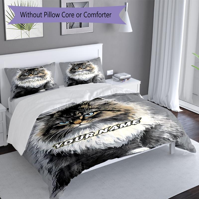 3PC Custom Name Proud Cat Portrait Bedding Set Duvet Cover Closure Includes 1 Duvet Cover & 2 Pillowcases for Bedroom