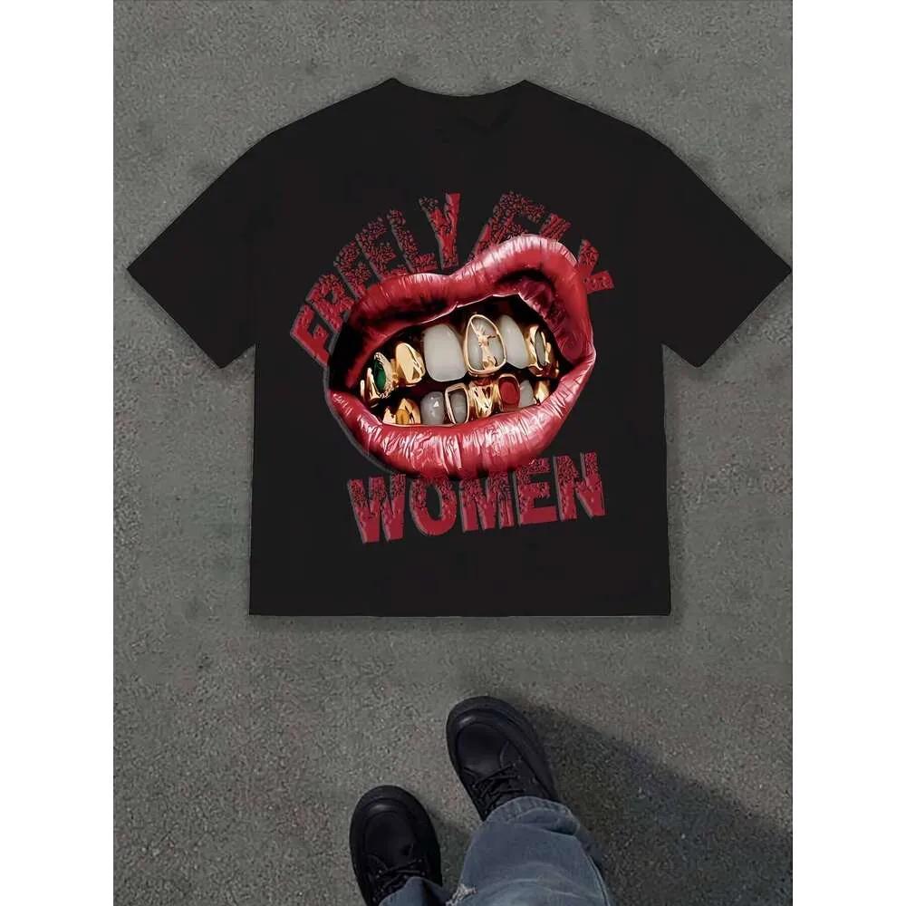

Men s Oversized White T-Shirt Freely Fly Women Gold Teeth Lips Print Short Sleeve Crew Neck Casual Streetwear Hip Hop Summer Top S разноцветный