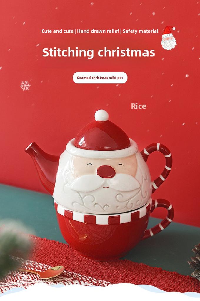 BRChristmas Ceramic Teapot  Tea Cup Set  European Embossment Ceramic Teacup Tea Pot Set Festival Decorative Tea Set  Holiday GiftEY