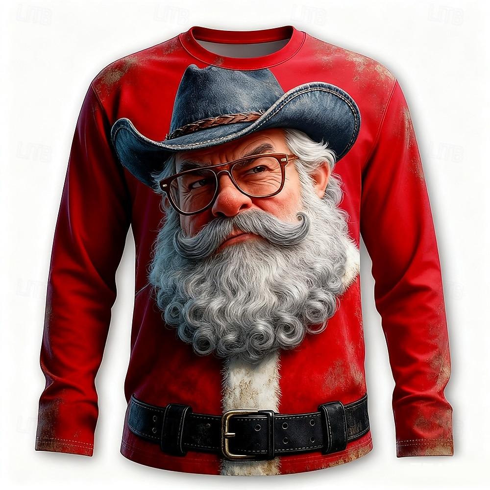 Funny Santa Clause Graphic Men's T-Shirts Fashion Christmas Style Long Sleeve Round Neck Pullovers Festival Family Party Clothes