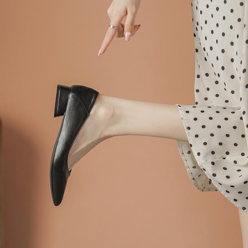 222 Nude Thick Heel Pointed Single Shoes Women's New Soft Sole Comfortable Work Career Interview Low Heel Work Shoes