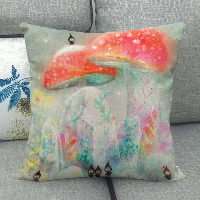 45X45cm Pilz Kunst Kissenbezug Quadratischer Reißverschluss Baumwolle Leinen Kissenbezüge Schlafzimmer Zuhause Büro Dekorativer Kissenbezug WJY12.25