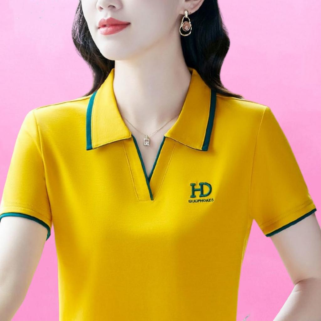 Camiseta POLO de Verano de Manga Corta para Mujer Nueva Versátil Talla Grande Moderna Reductora de Edad Casual Top de Señora