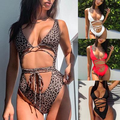 Damen-Badeanzug, einfarbig, Kordelzug hinten, Krawatte, sexy Ausschnitt, Tanga, einteiliger Badeanzug, Bikini, Strandmode, Badeanzüge