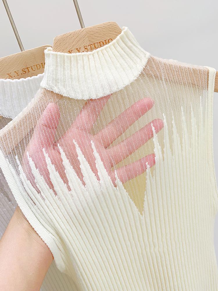 Mesh Knitted Top Women Y2K Tank Top Half Neck Vest Female Sleeveless Sweater Chic Cut Out Streetwear Solid Skinny White Tube Top