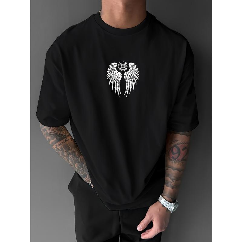 European Size Gothic Chain Wing Print T-Shirt - Gothic Wing Crew Neck Tee, Breathable Fiber, Slightly Dropped Shoulder Fit, Machine Washable