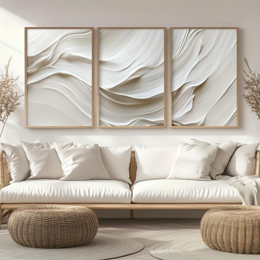 3 Stück/Set Neutrales Beige Weicher Ton Einfacher Leinwanddruck Weiße Welle Abstrakte Wandkunst Poster Modernes Wohnzimmer Schlafzimmer Heimdekoration 21X30CMNo Framed