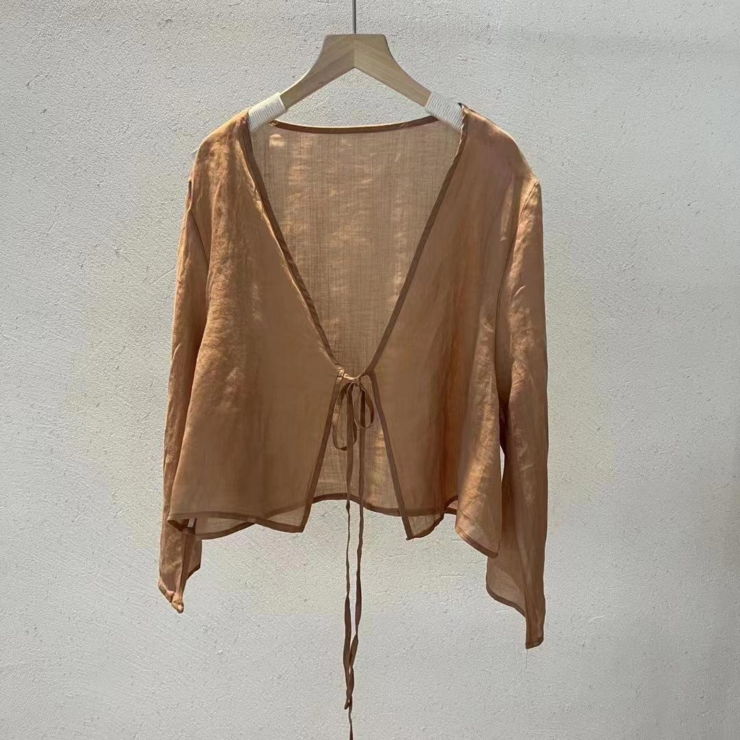 

Johnature Оригинальная винтажная льняная рубашка в китайском стиле с уздечкой, летняя женская повседневная рубашка с V-образным вырезом и длинными рукавами One Size верблюд