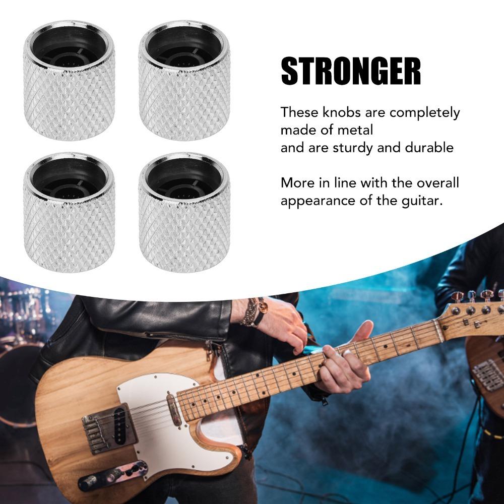4PCS Black/Silver Flat Top Knurled Knob Metal Replacement Knob  For Electric Guitar Control Knob