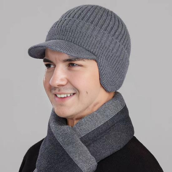 Men Knitted Hat Extended Brim Ear Protection Solid Color Knitting Hat Thickened Plush Lining Winter Warm Hat