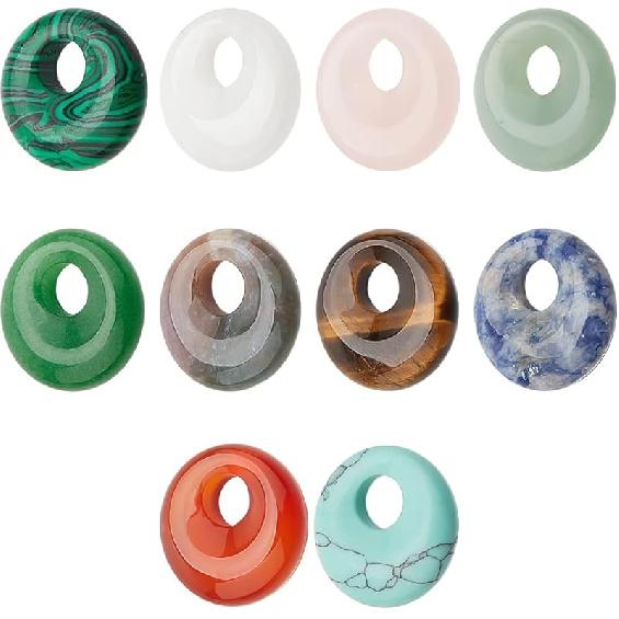 NBEADS 10 Pcs 10 Styles Natural Donut Gemstone Charms, 17.5mm Flat Round Mixed Natural and Synthetic Donut Stone Beads Pendants Natural Stone Pendant