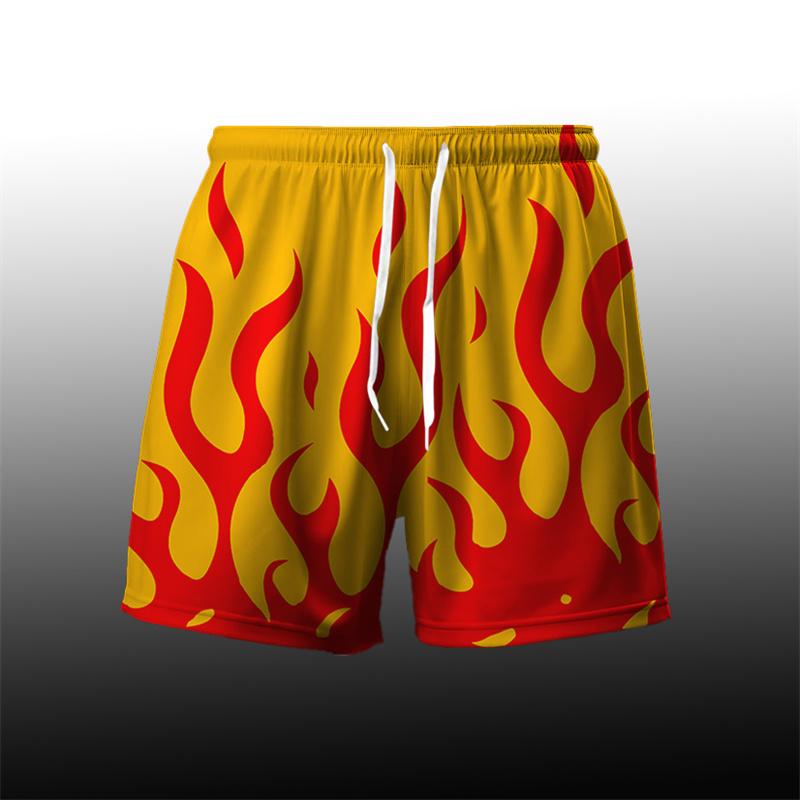 Flame Pattern Cool Harajuku Men's Board Short Y2k Personality Fire Stripe 3D Print Beach Shorts Breathable Loose Fashion Trunks