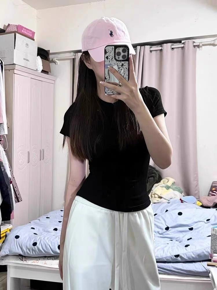 Women's American Style Slim Fit Crew Neck Cotton T-Shirt - 2026 Summer Design, Short Sleeve, Cinched Waist