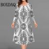 Black White Contrast Color Women Dresses Autumn Winter Fashion Long Sleeve Plus Size Dress Casual O-Neck Loose A-Line Dress