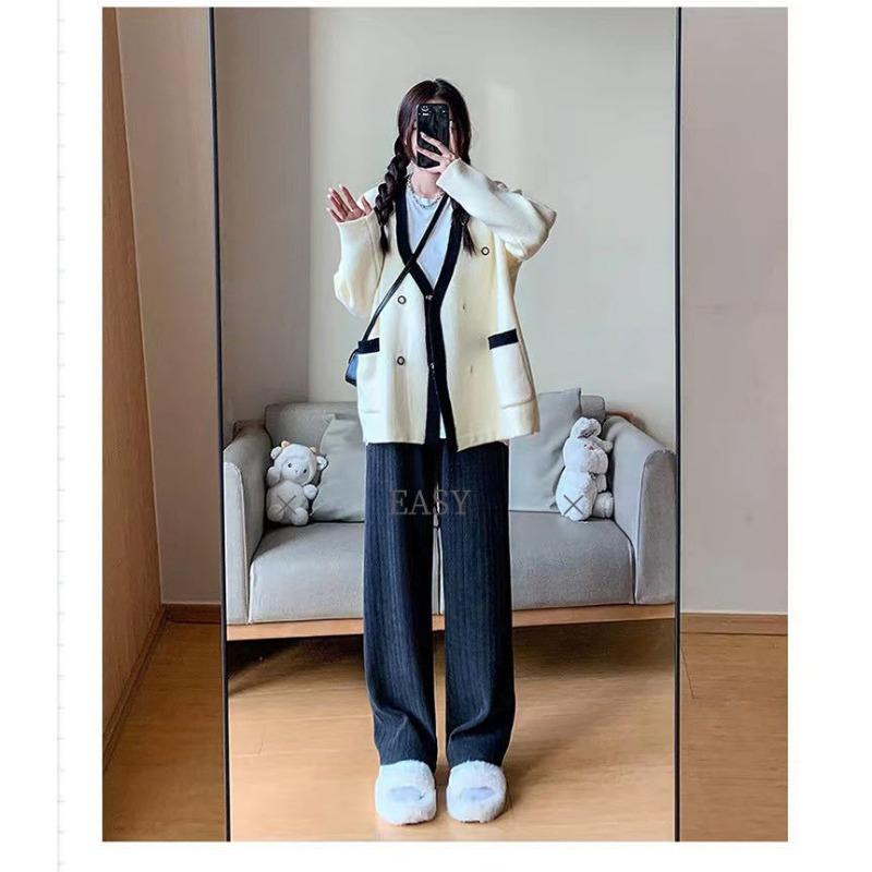 

Spring and Autumn Wheat Ear Pattern Casual Pants Knitted Herringbone Pattern High Waist Skinny Straight Pants Versatile Loose Dropping Pants one size fits all темно-серого