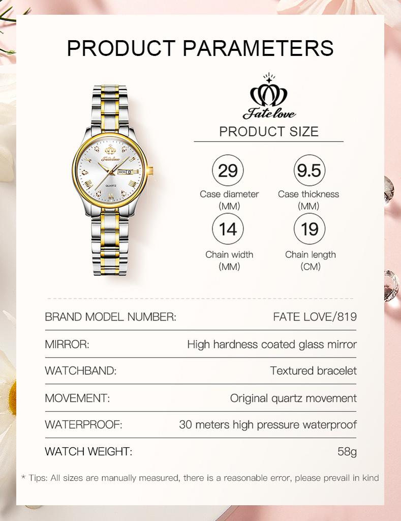 Fate Love 819 Classics Women Watch Stainless Steel Luminous Waterproof Calendar Elegant Dress Quartz Watch for Women Original