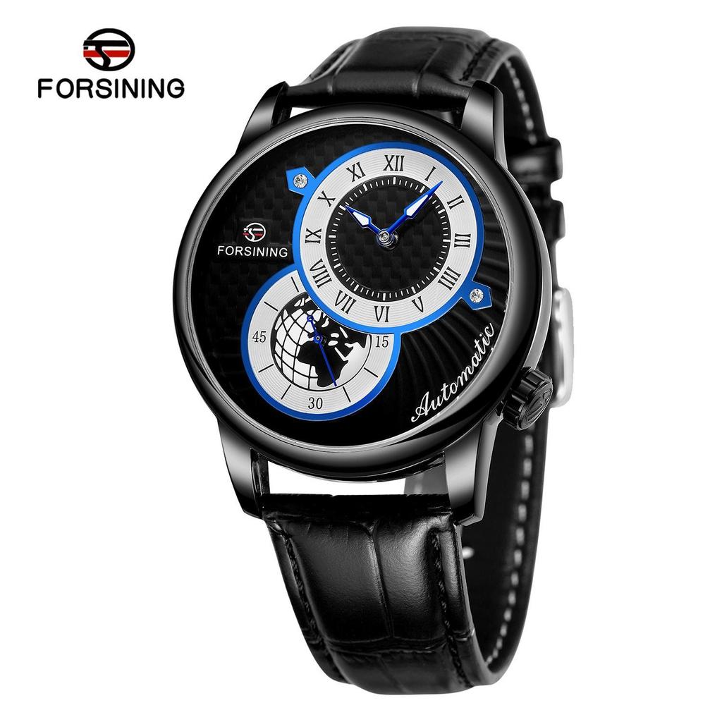 Forsining Men' S Mechanical Watch Fashion Double Dial Automatic Winding Men Wristwatches Sport Genuine Leather Clock For Man