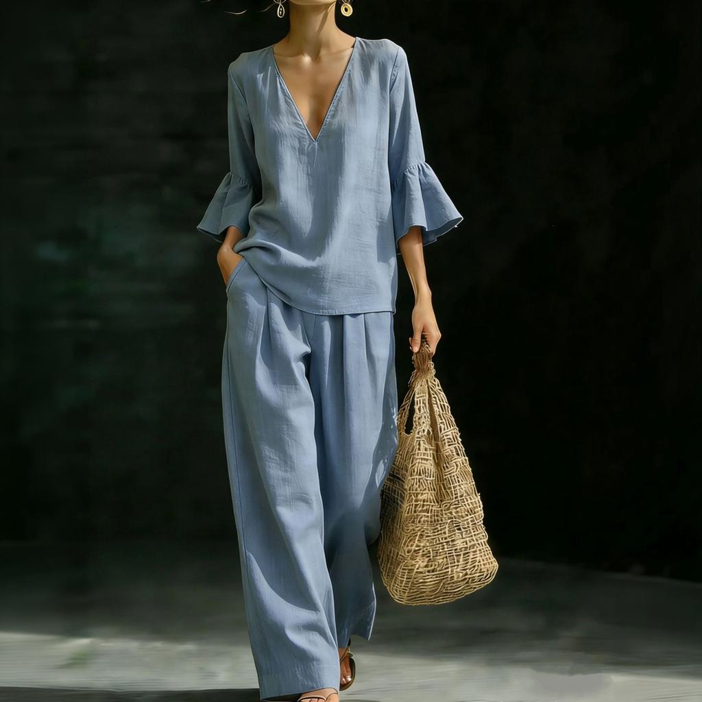 Women's Cotton Linen Two Piece Set V Neck Ruffle Sleeve Top and Loose Fit Casual Wide Leg Pants Lightweight Breathable Outfit