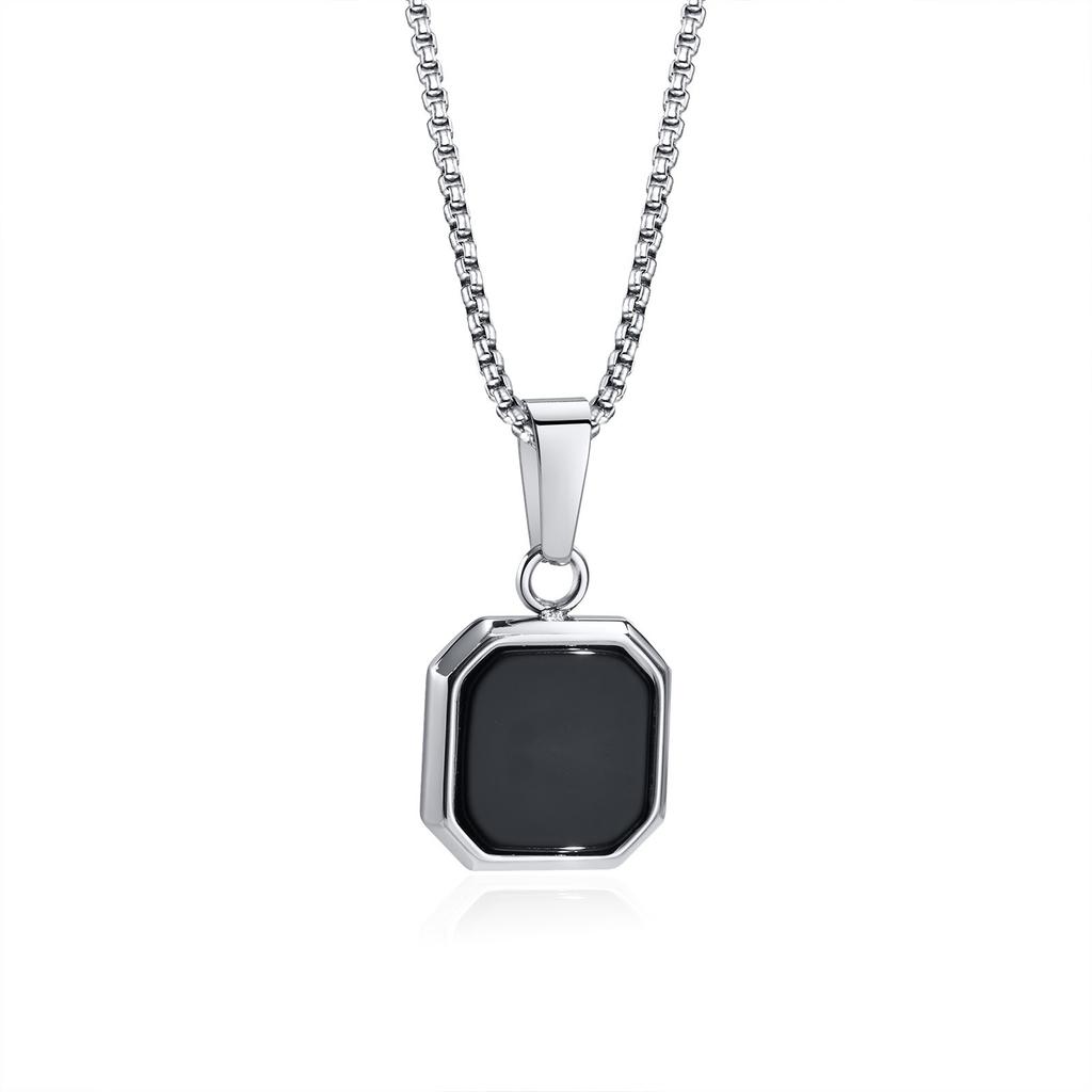 Vnox Mens Necklaces, Geometric Square Natural Stone Shell Pendant, Black Gold Color Stainless Steel Collar