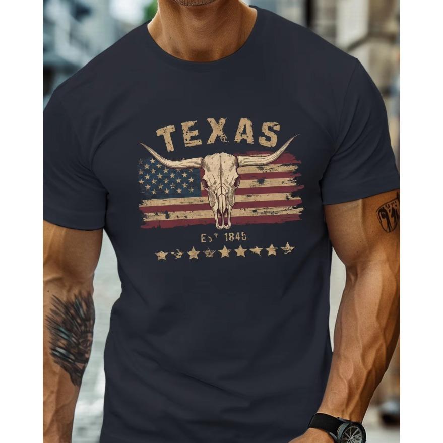 Unisexs Summer Fashionable Tshirt Casual Loose Texas Longhorn Cow Skull Pattern Printed Round Neck Short Sleeved Tshirt