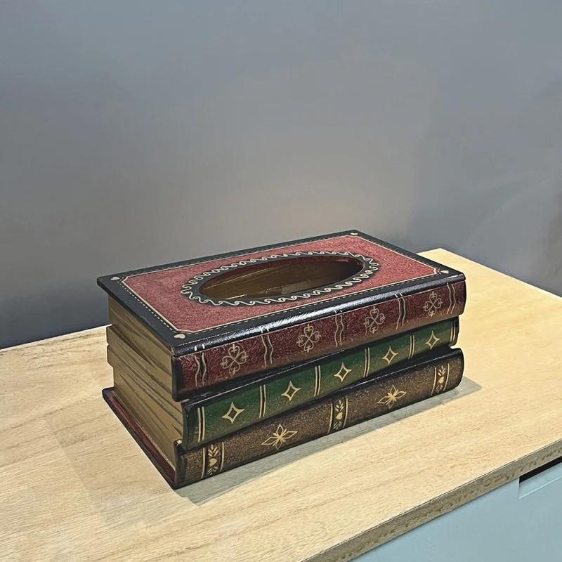 Exquisite Classical Vintage Wooden Book Tissue Box, Rectangular Napkin Holder Dispenser, Restaurant Tissue Storage Box Ornament