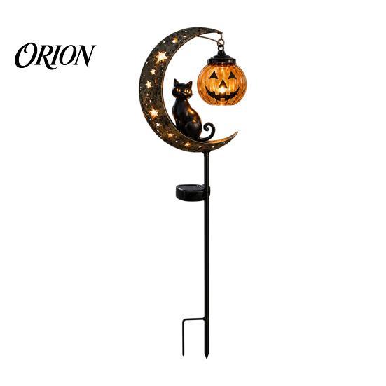 Solar Flower Bed Lights Halloween Garden Stake Light, Soft Warm Jack-o-Lantern, Moon Cat Silhouette Outdoor Pathway Decor, Waterproof Metal Lawn Patio