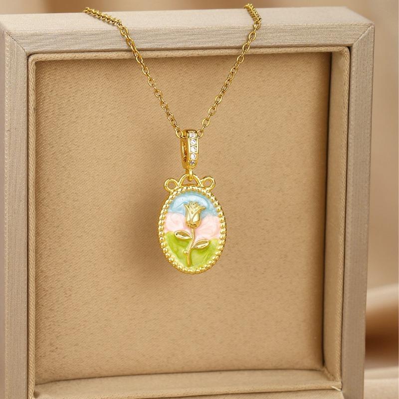 Meier Necklace for women, freshwater pearl new design with oil-painted enamel flower pendant, fashionable and elegant clavicle chain