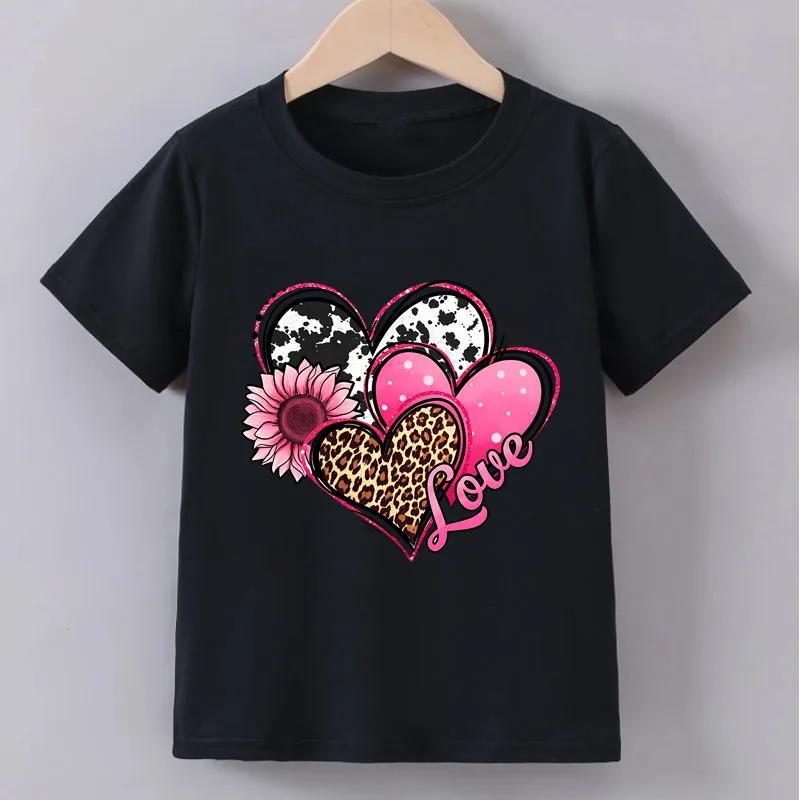 Love Heart Print T-shirts for Girls Summer Children Casual Fashion Funny Cute Colorful Comfortable Tops O-Neck Short Sleeve Tees