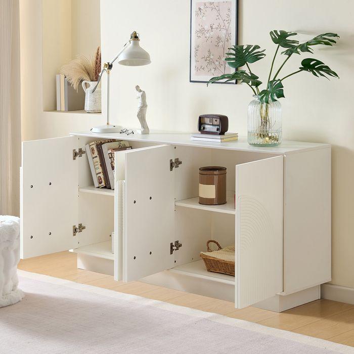 Buffet moderne 160 x 38 x 80 cm - Avec 4 portes - Décoration incurvée - MDF - Blanc