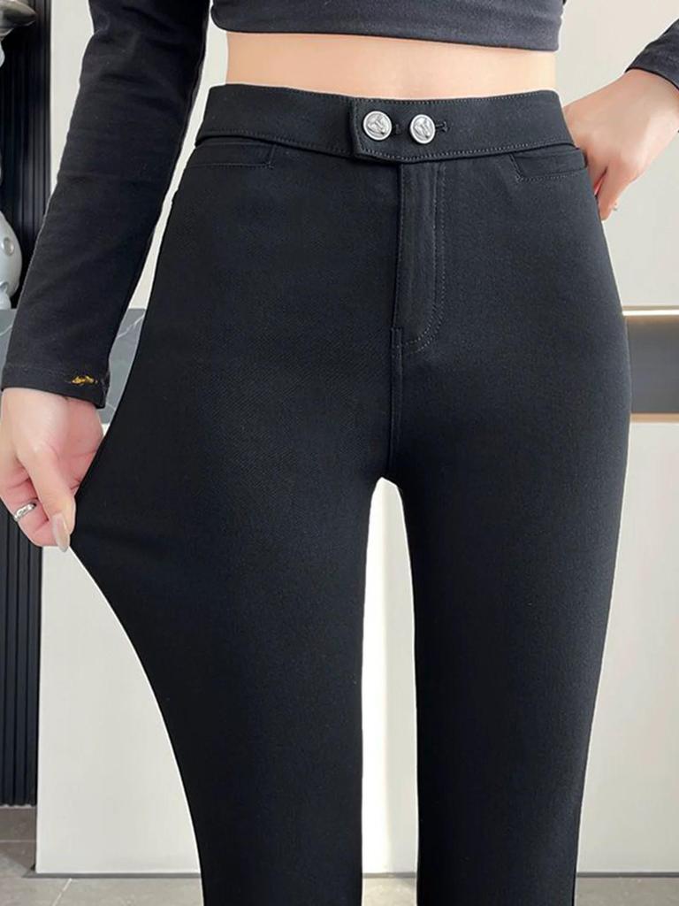 Black High-Waist Stretch Leggings for Women, Plus Size, Fleece-Lined, Slim-Fit Spring/Autumn.