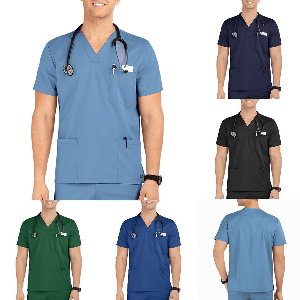 Workwear Men's V-Neck Scrub Tops Mans Clothes Color Tops Short Sleeve