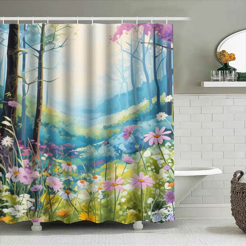 Vibrant Garden Shower Curtain Blue Floral Design For Bathroom Decor Waterproof Fabric With Hooks Included Perfect Gift Idea