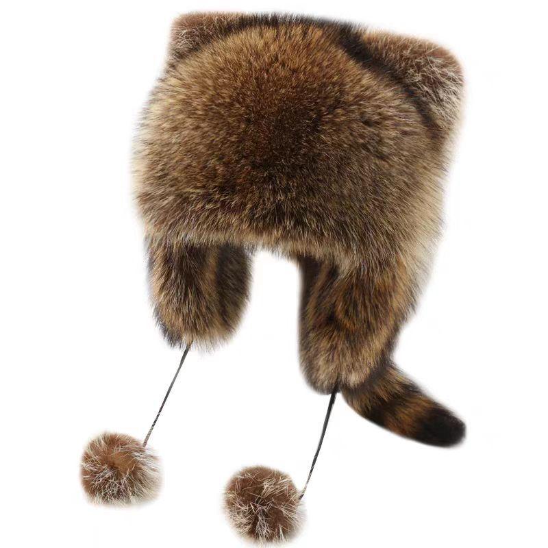 

New 1Pc Cute Raccoon Tail Plush Cap Women Winter Windproof Thick Warm Ears Fashion Outdoor Ear Flaps Bomber Hat Russian Hat
