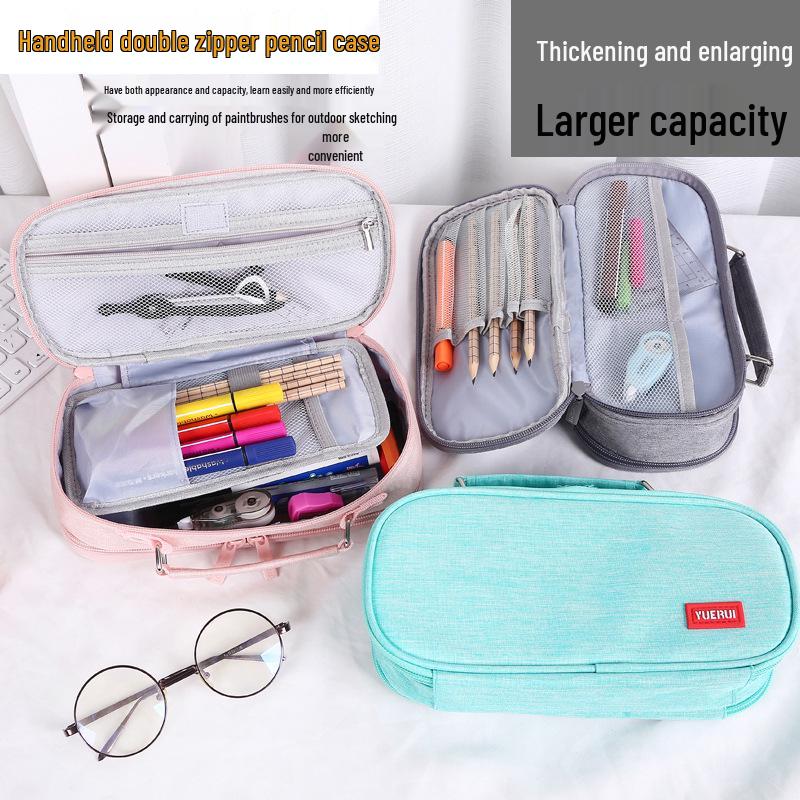 Large Capacity Double Zipper Canvas Pencil Case - Simple, Portable, Double Layer for Junior High Students