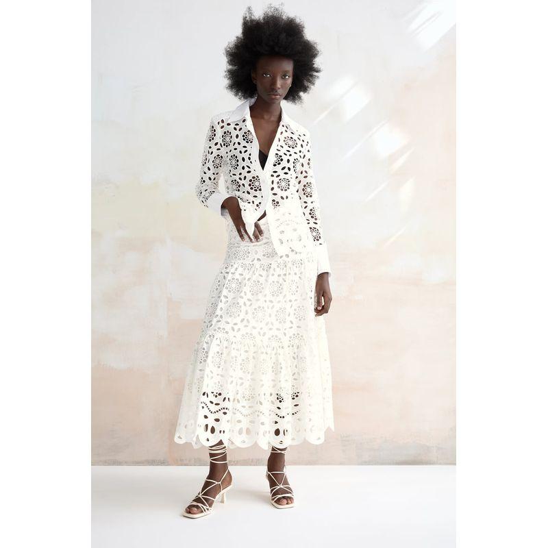 Spring Cut-out White Shirt with Slim Looking High Waist Embroidery