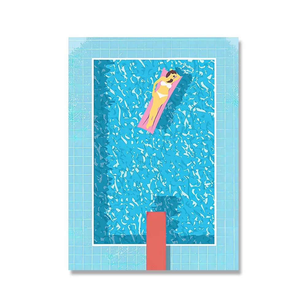 Nordisk Blå Simbassängfest Konst Affisch Tryck Kvinna Fritidsliv Semester Dykning Canvas Målning Mural Badrum Sim Heminredning