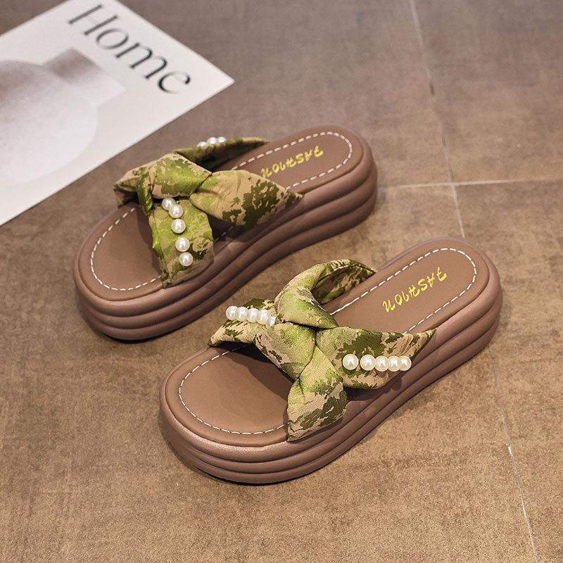 Bow Thick-soled Cool Slippers Women's Summer Wear 2025 New Versatile National Style Sandals Pearl Beach One-word Slippers