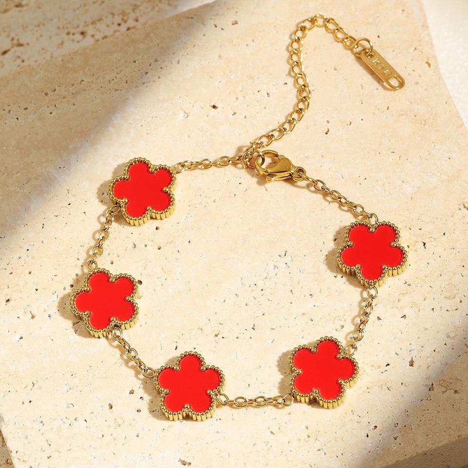 Htpwe Stainless Steel Solid Color Flower Four-leaf Clover Bracelet Women 18k Gold Couple Holiday Gift Bracelet Party Zircon