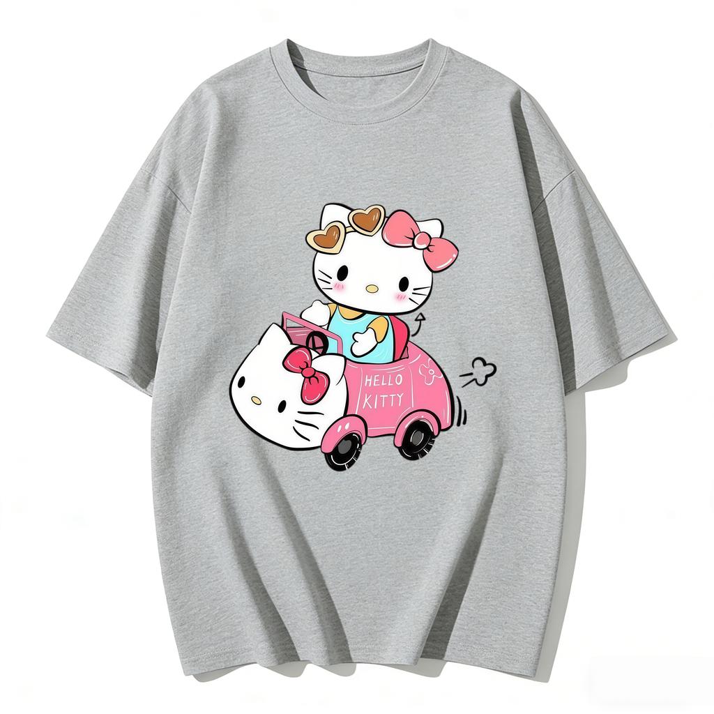 2026 Summer Trendy Cute Hello Kitty Driving Pink Car Graphic Couple Tshirts Streetwear Family Matching Parentchild Clothing