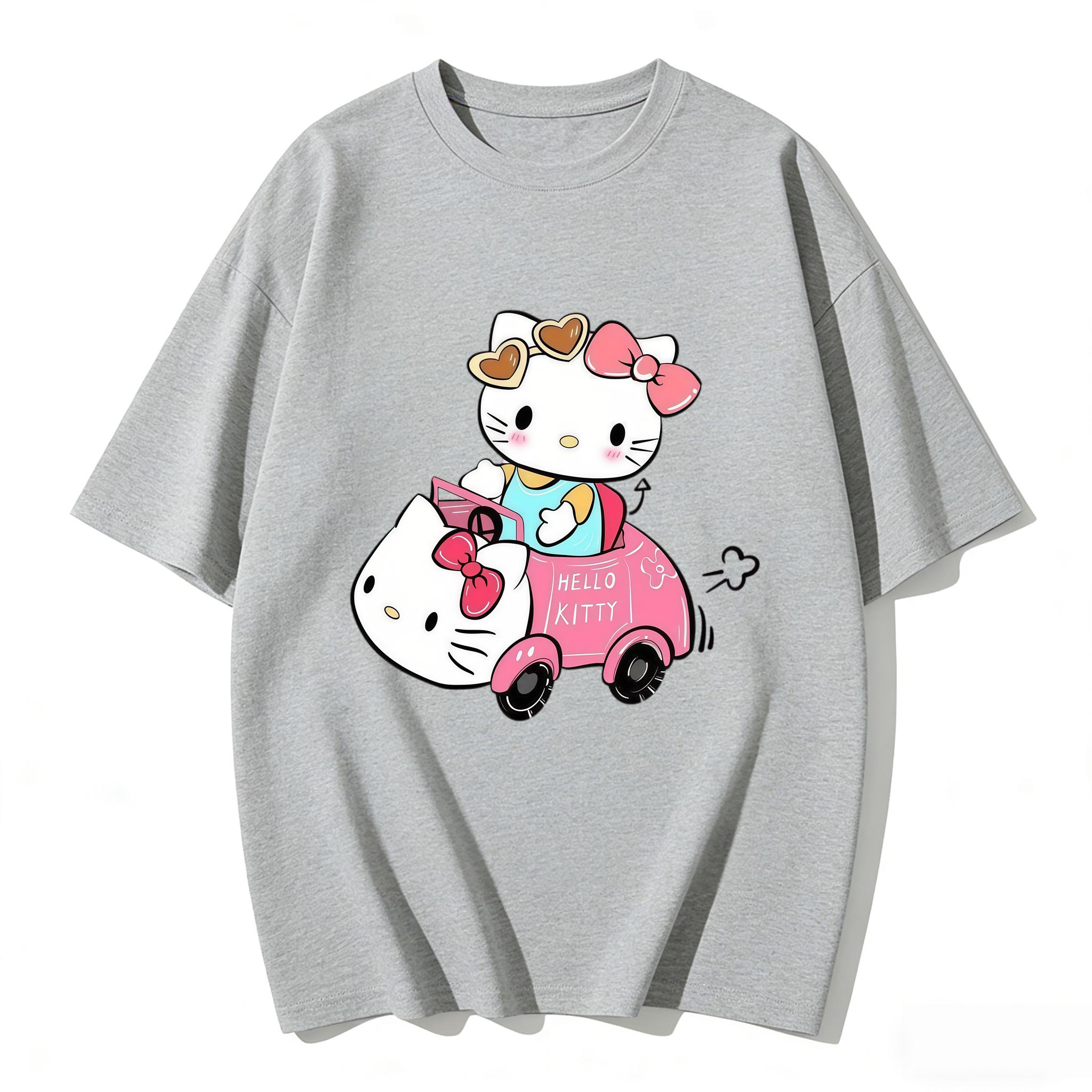 

2026 Summer Trendy Cute Hello Kitty Driving Pink Car Graphic Couple Tshirts Streetwear Family Matching Parentchild Clothing S